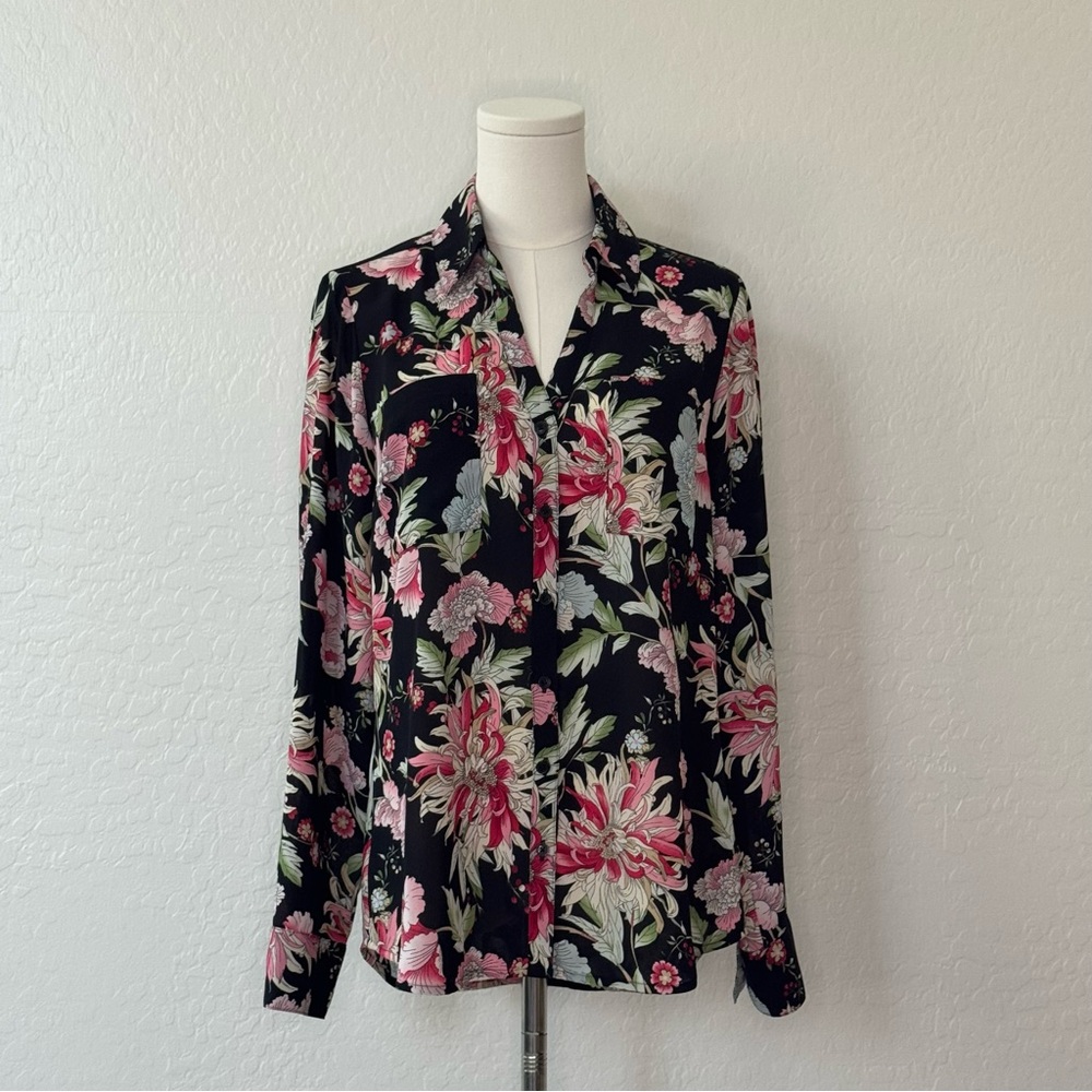 Express Black and Pink Floral Button Down Shirt